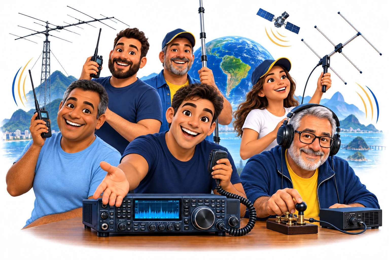 Grupo de radioamadores com HTs, rádio HF, antenas e manipulador de Morse, convidando você a participar.